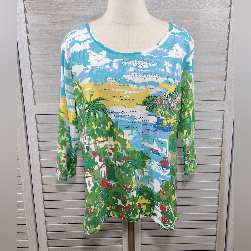 PALM GROVE Tropical Print 3/4 Sleeve T-shirt Embellished-1X